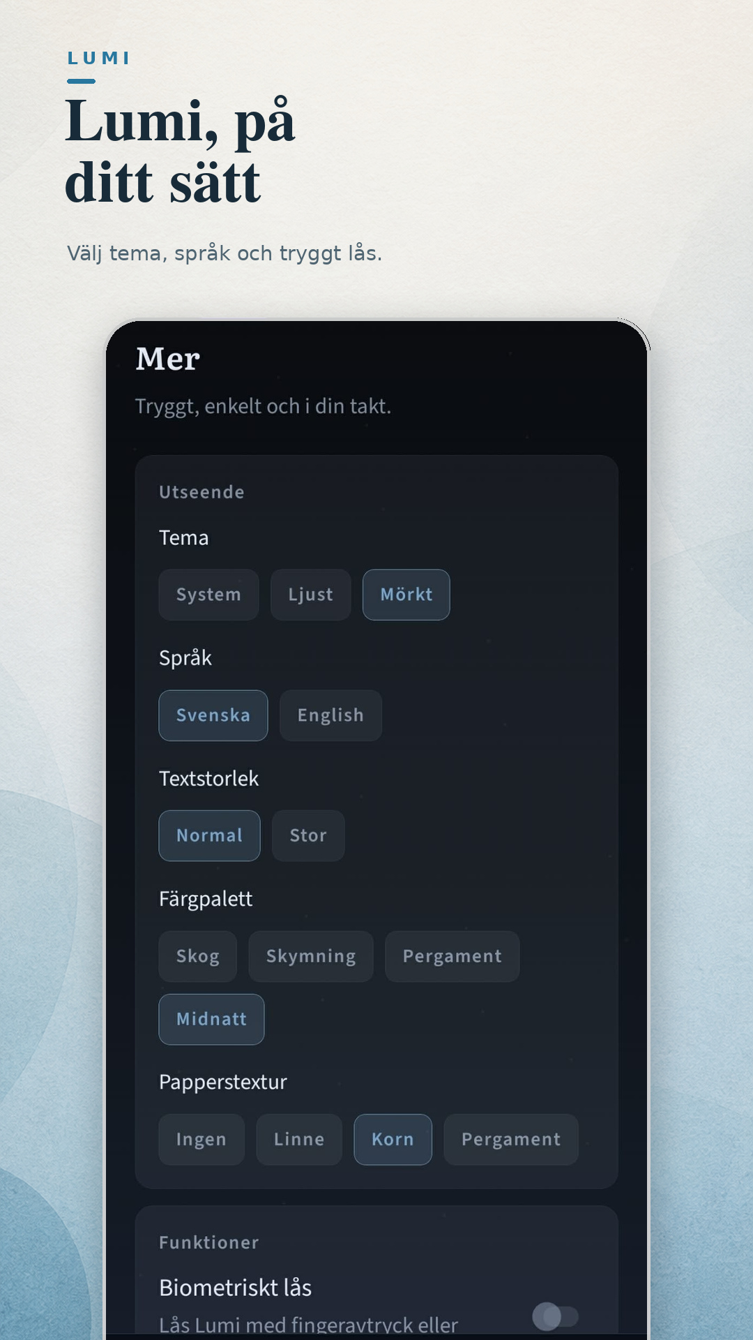 Lumi appearance, language and privacy settings