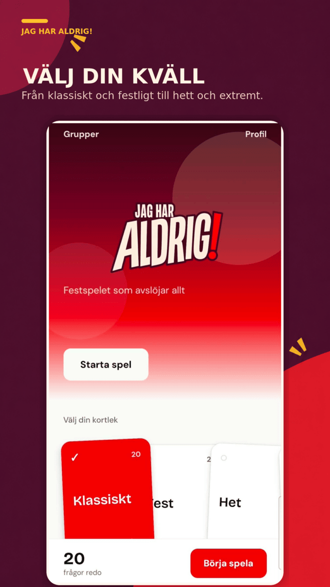 Jag Har Aldrig game mode and round length selection