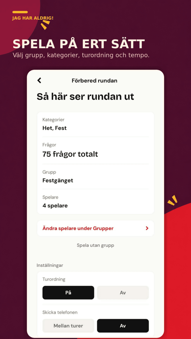 Jag Har Aldrig round preparation and game settings