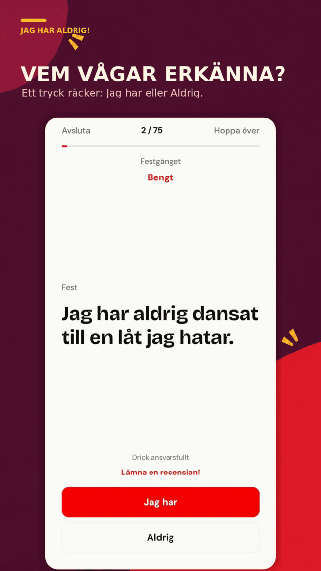 Jag Har Aldrig party question with answer choices